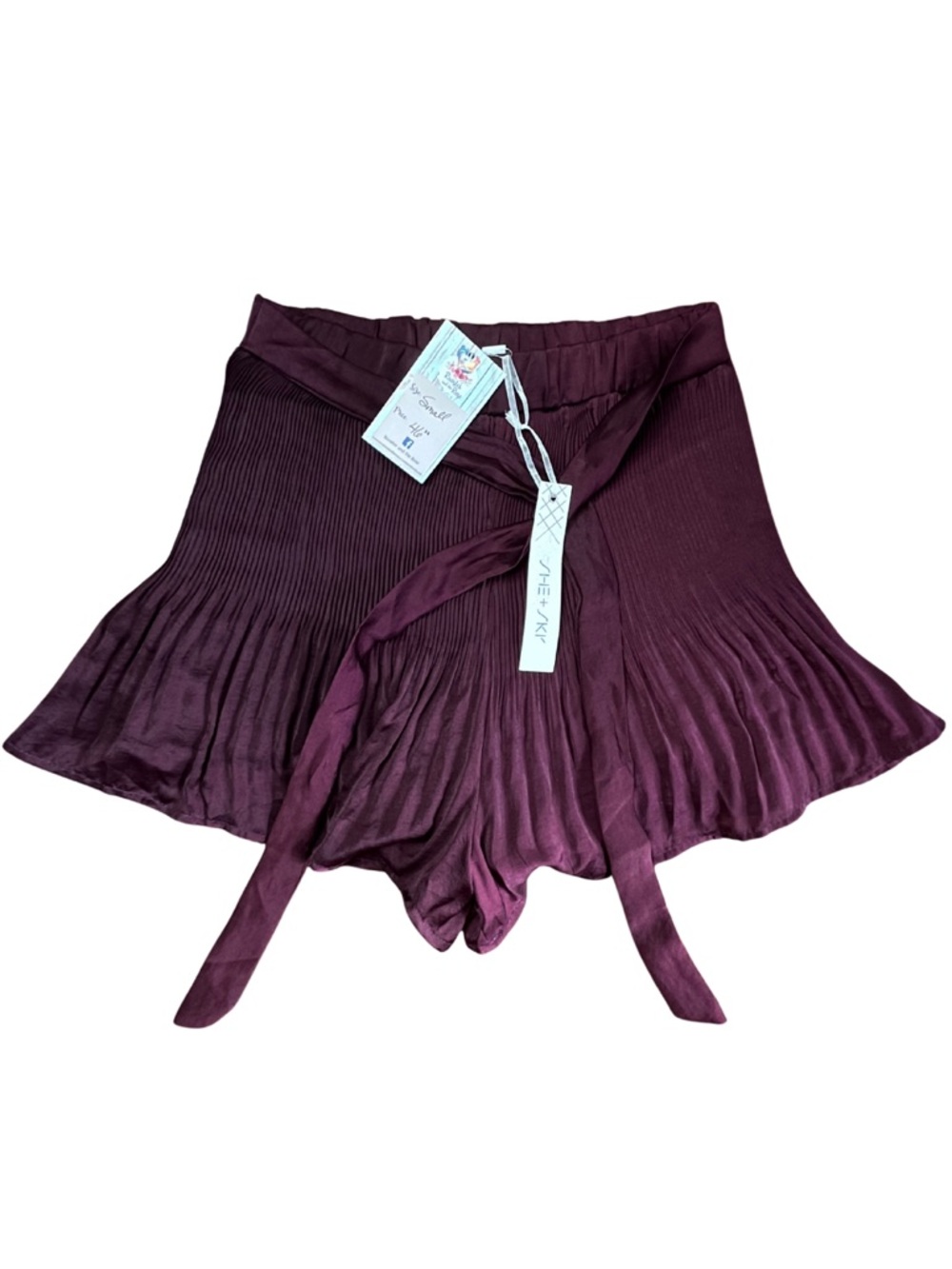 She + Sky NWT Pleated Satin Tie Waist Skort Shorts Burgundy S